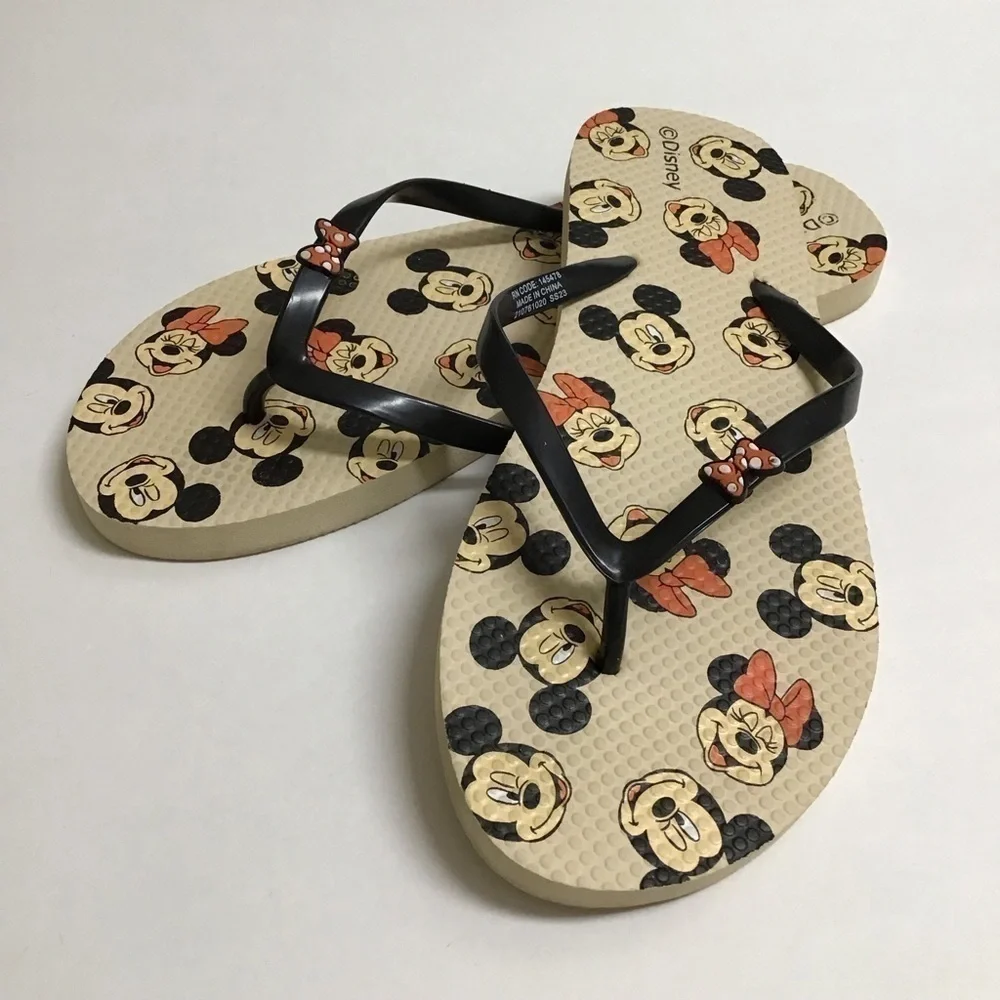 Disney SZ 10 1/2 Flip Flops Women’s Mickey and Minnie Mouse Sandals Red Bows Tan